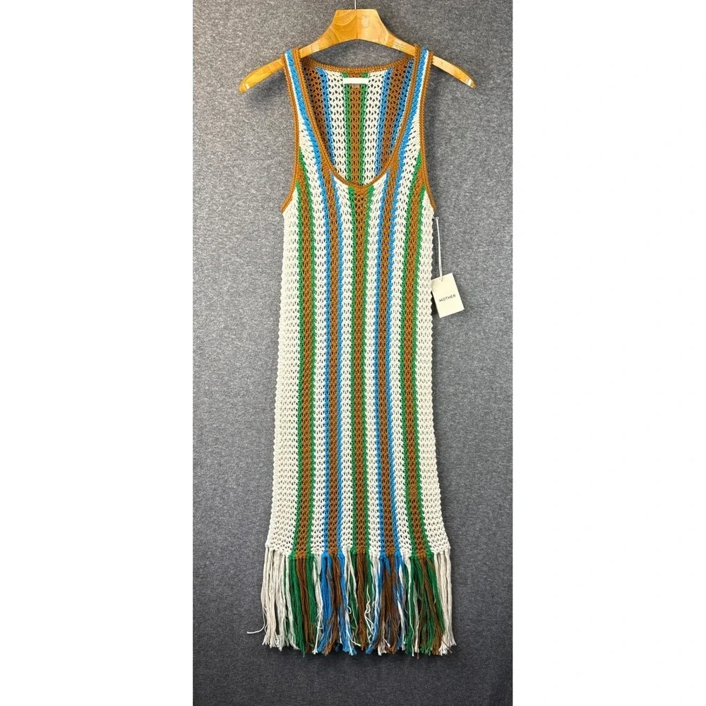 NWT MOTHER The Benefits Dress Size XS Striped‎ Crochet Fringe Midi Cotton Anthro